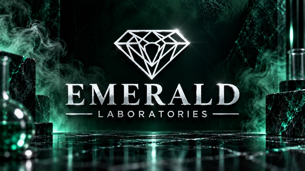 Emerald Labs diamond emblem and Laboratories wordmark on a dark green laboratory backdrop